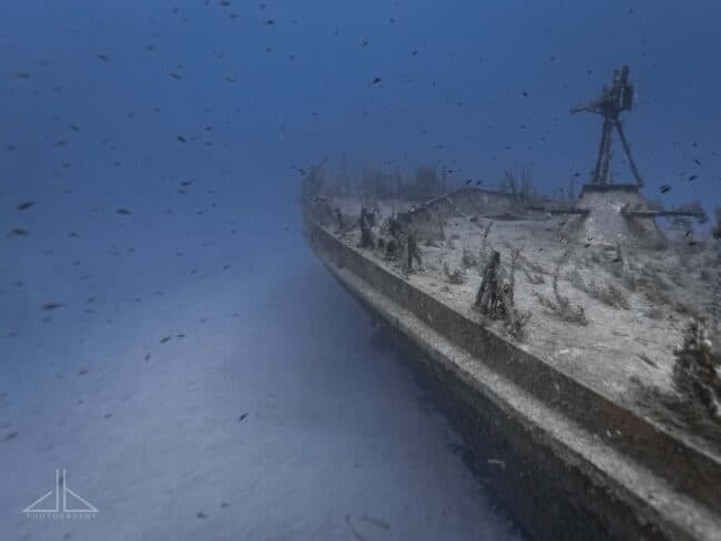 Port side bow of the P29 wreck with a gun on deck