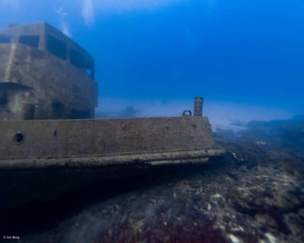 The Tug 2 wreck bow, sitting on sandy bottom