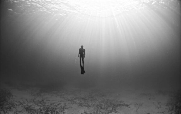 Black and white photo of freediver