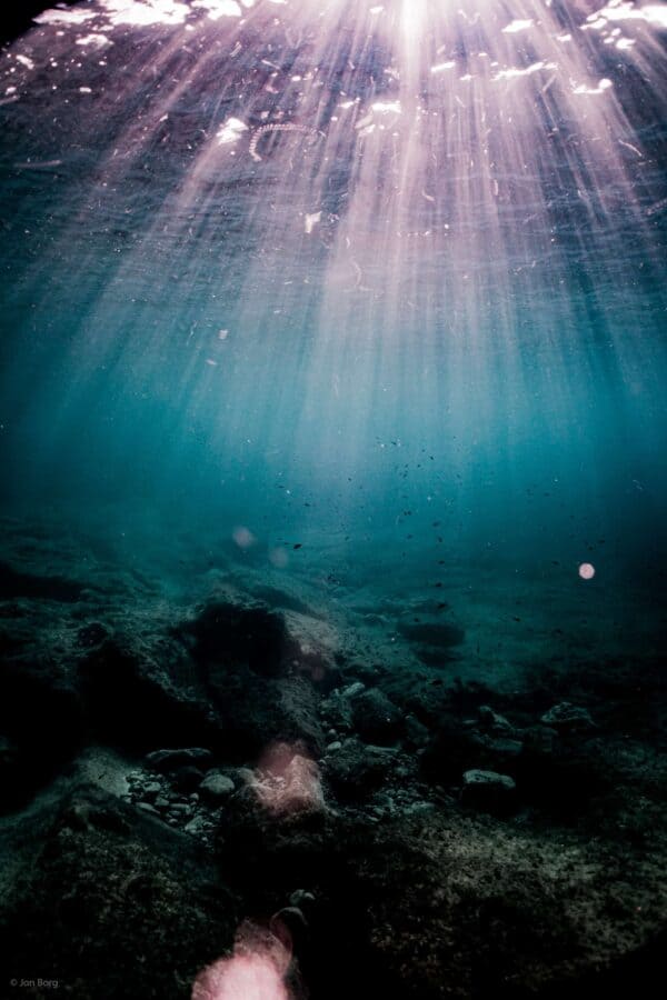 Rays of light shooting down from the surface lighting up underwater rocks