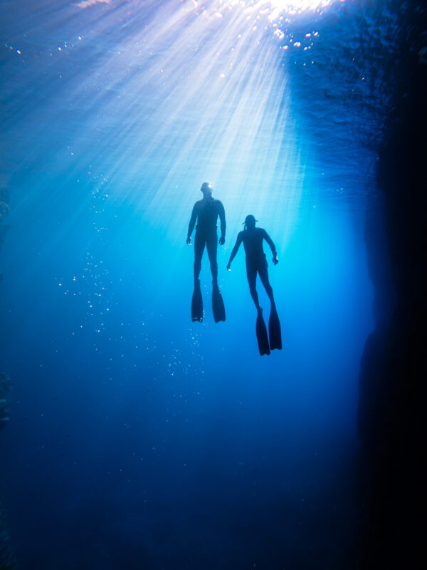 Two freedivers ascend as silhouettes, against a deep blue back drop with sun rays piercing through the water.